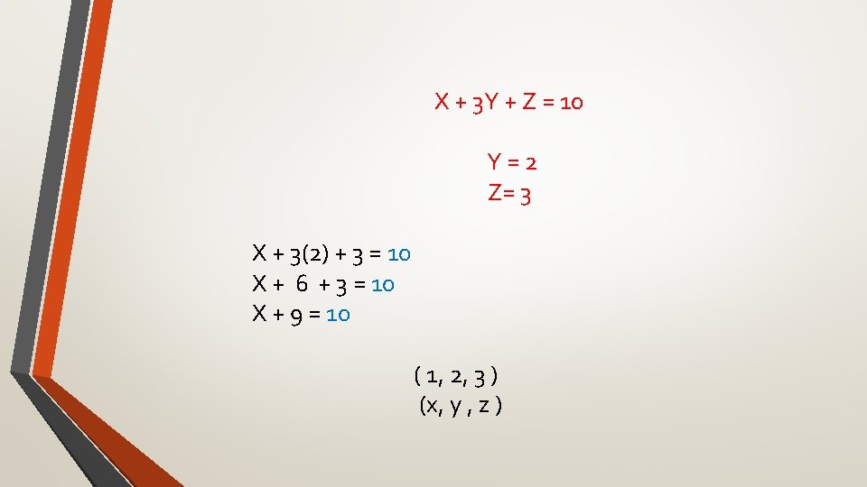 X + 3 Y + Z = 10 Y=2 Z= 3 X + 3(2)