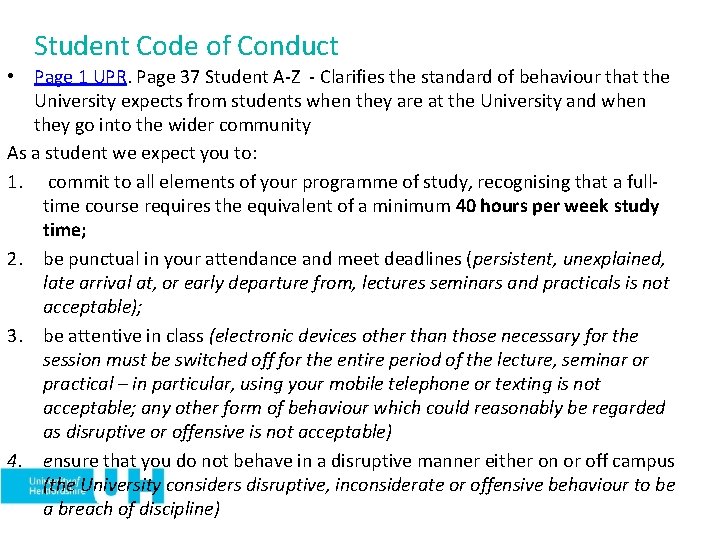 Student Code of Conduct • Page 1 UPR. Page 37 Student A-Z - Clarifies