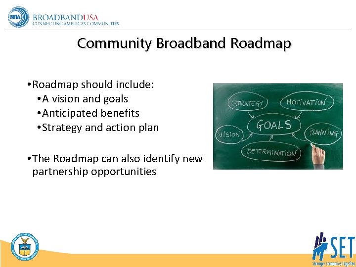 Community Broadband Roadmap • Roadmap should include: • A vision and goals • Anticipated