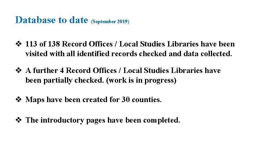 Database to date (September 2019) v 113 of 138 Record Offices / Local Studies