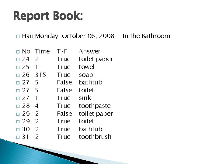 Report Book: � � � � Han Monday, October 06, 2008 No 24 25