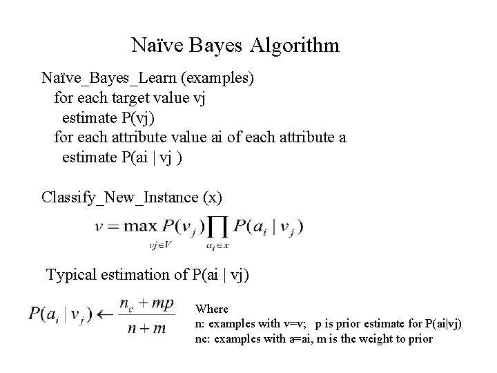 Naïve Bayes Algorithm Naïve_Bayes_Learn (examples) for each target value vj estimate P(vj) for each