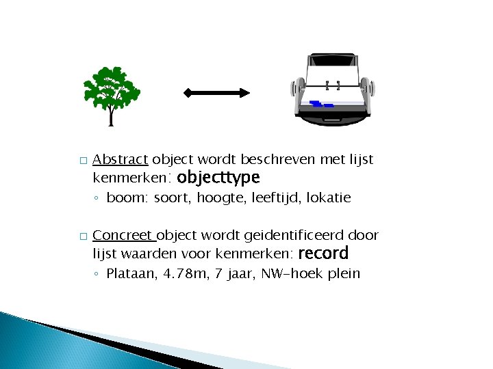 � � Abstract object wordt beschreven met lijst kenmerken: objecttype ◦ boom: soort, hoogte,