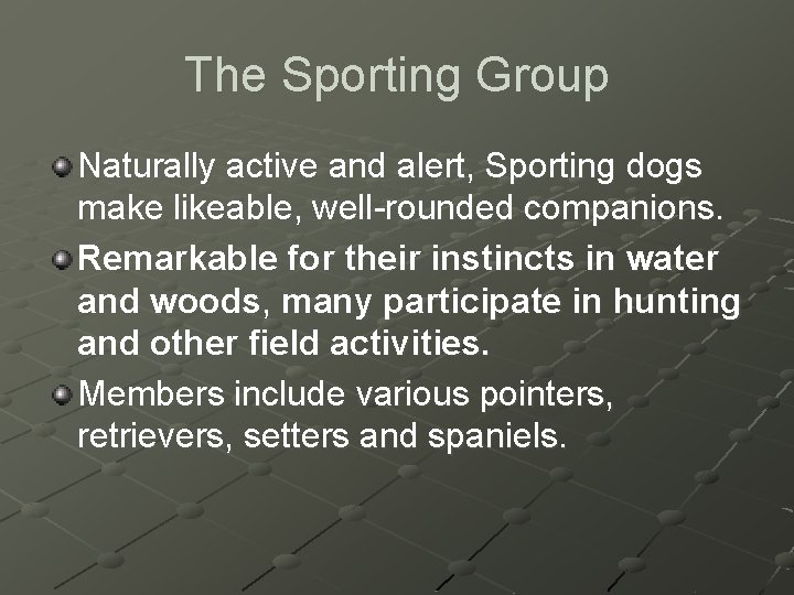 The Sporting Group Naturally active and alert, Sporting dogs make likeable, well-rounded companions. Remarkable