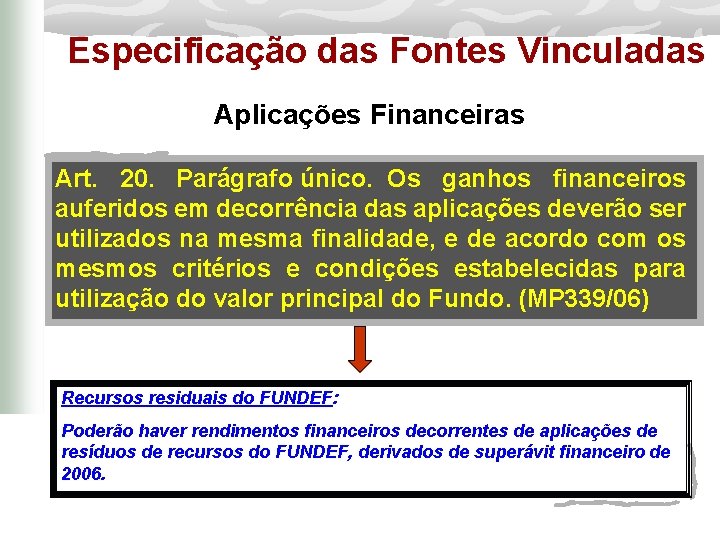 Especificação das Fontes Vinculadas Aplicações Financeiras Art. 20. Parágrafo único. Os ganhos financeiros auferidos
