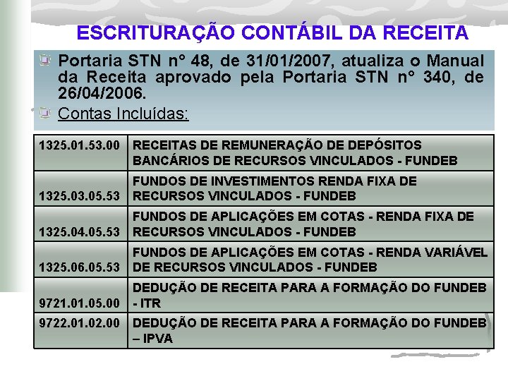 ESCRITURAÇÃO CONTÁBIL DA RECEITA Portaria STN n° 48, de 31/01/2007, atualiza o Manual da