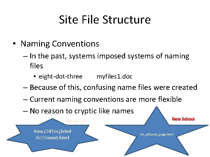 Site File Structure • Naming Conventions – In the past, systems imposed systems of