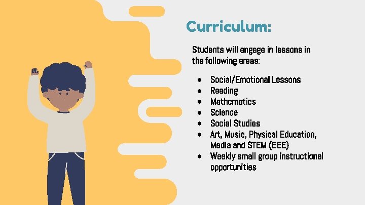 Curriculum: Students will engage in lessons in the following areas: Social/Emotional Lessons Reading Mathematics