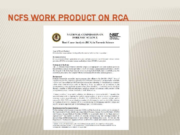 NCFS WORK PRODUCT ON RCA 