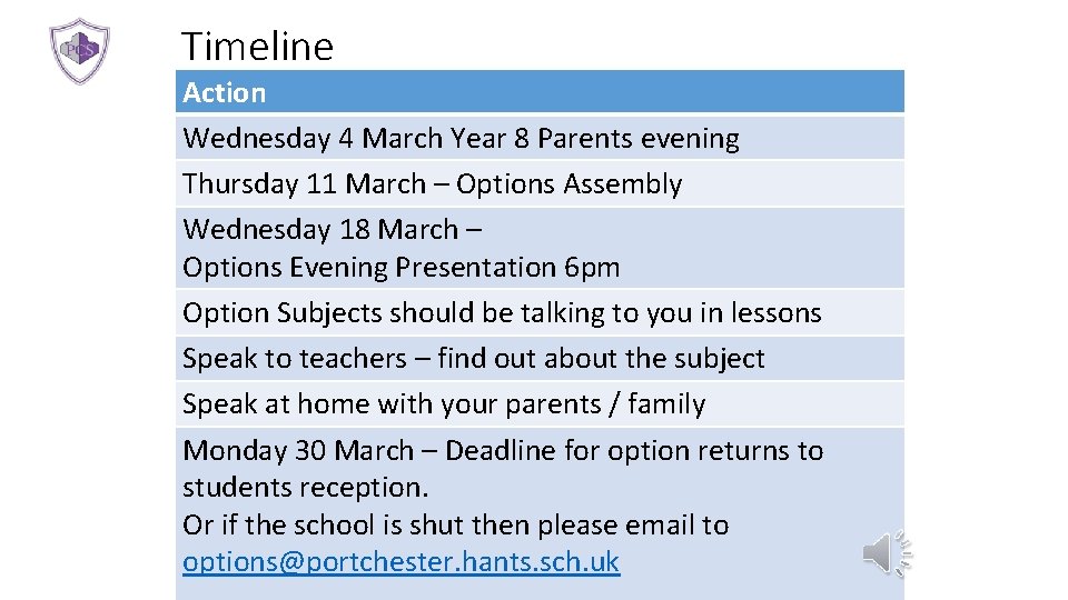 Timeline Action Wednesday 4 March Year 8 Parents evening Thursday 11 March – Options Timeline Action Wednesday 4 March Year 8 Parents evening Thursday 11 March – Options