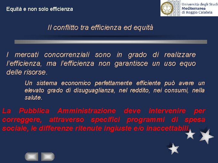 Equità e non solo efficienza Il conflitto tra efficienza ed equità I mercati concorrenziali