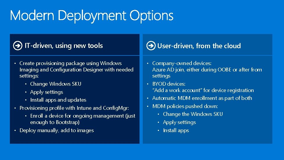 IT-driven, using new tools • Create provisioning package using Windows Imaging and Configuration Designer IT-driven, using new tools • Create provisioning package using Windows Imaging and Configuration Designer