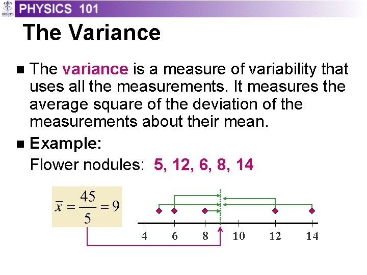 The Variance The variance is a measure of variability that uses all the measurements. The Variance The variance is a measure of variability that uses all the measurements.