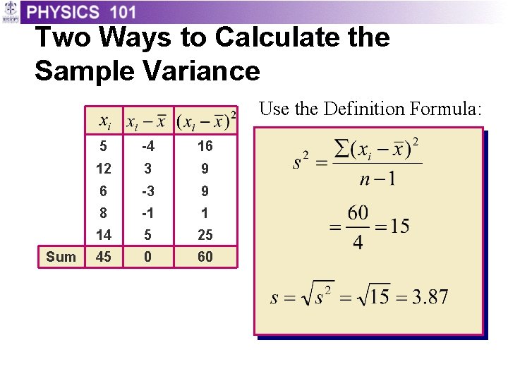 Two Ways to Calculate the Sample Variance Use the Definition Formula: Sum 5 -4 Two Ways to Calculate the Sample Variance Use the Definition Formula: Sum 5 -4