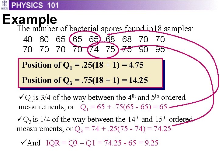 Example The number of bacterial spores found in 18 samples: 40 60 65 65 Example The number of bacterial spores found in 18 samples: 40 60 65 65