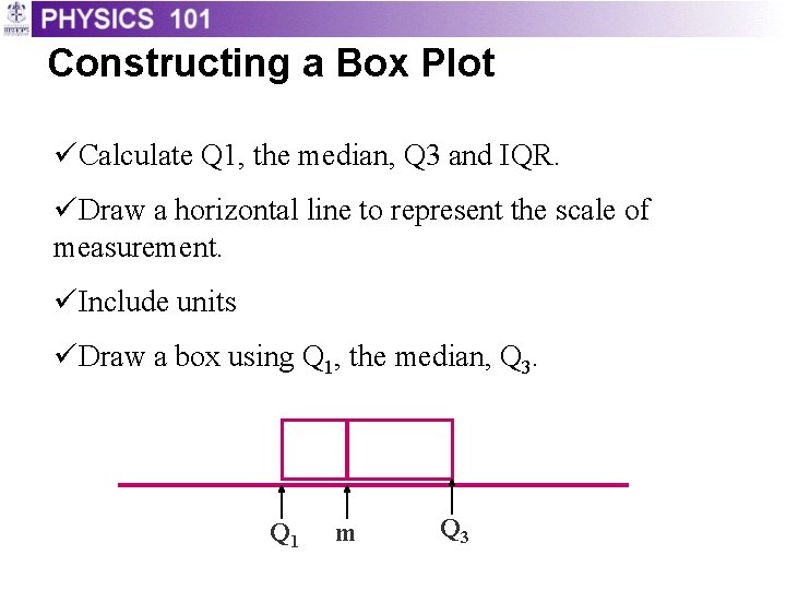 Constructing a Box Plot üCalculate Q 1, the median, Q 3 and IQR. üDraw Constructing a Box Plot üCalculate Q 1, the median, Q 3 and IQR. üDraw