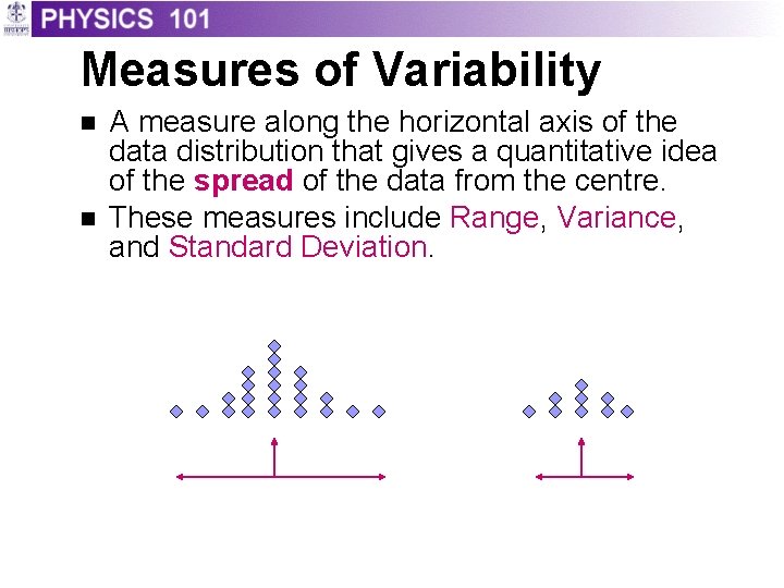Measures of Variability n n A measure along the horizontal axis of the data Measures of Variability n n A measure along the horizontal axis of the data