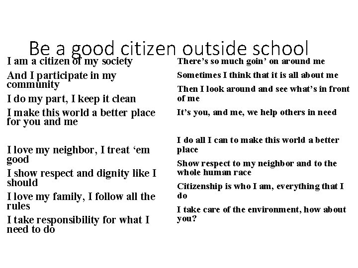 Be a good citizen outside school There’s so much goin’ on around me I