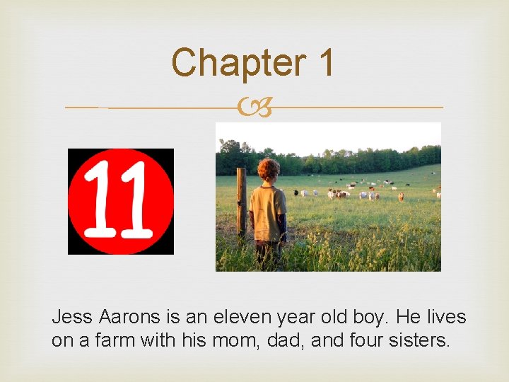 Chapter 1 Jess Aarons is an eleven year old boy. He lives on a