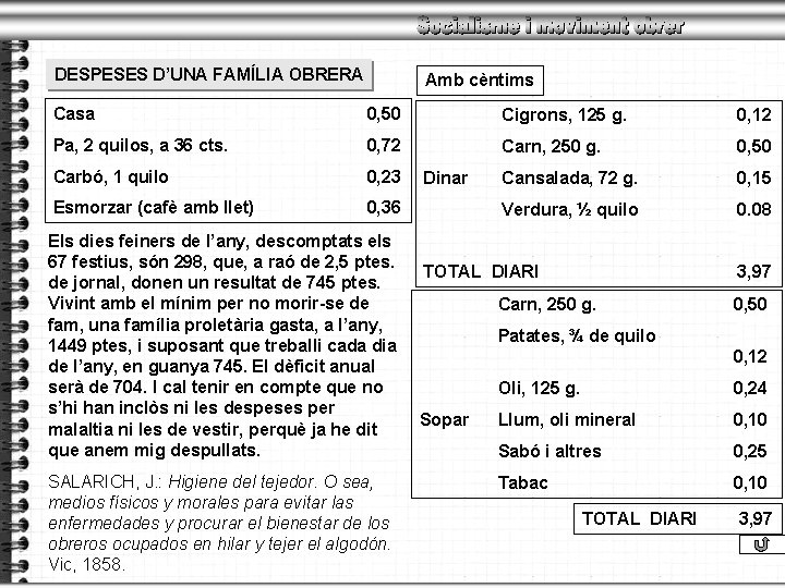 DESPESES D’UNA FAMÍLIA OBRERA Amb cèntims Casa 0, 50 Cigrons, 125 g. 0, 12