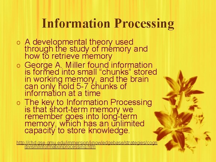 Information Processing o A developmental theory used through the study of memory and how