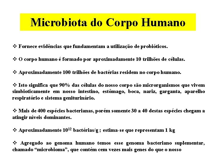 Microbiota do Corpo Humano v Fornece evidências que fundamentam a utilização de probióticos. v