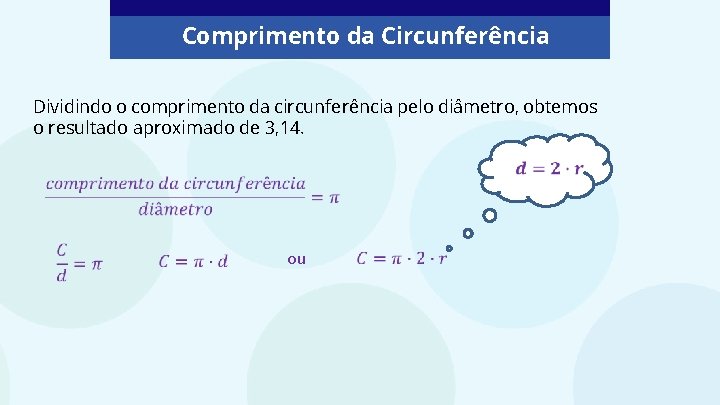 Comprimento da Circunferência Dividindo o comprimento da circunferência pelo diâmetro, obtemos o resultado aproximado