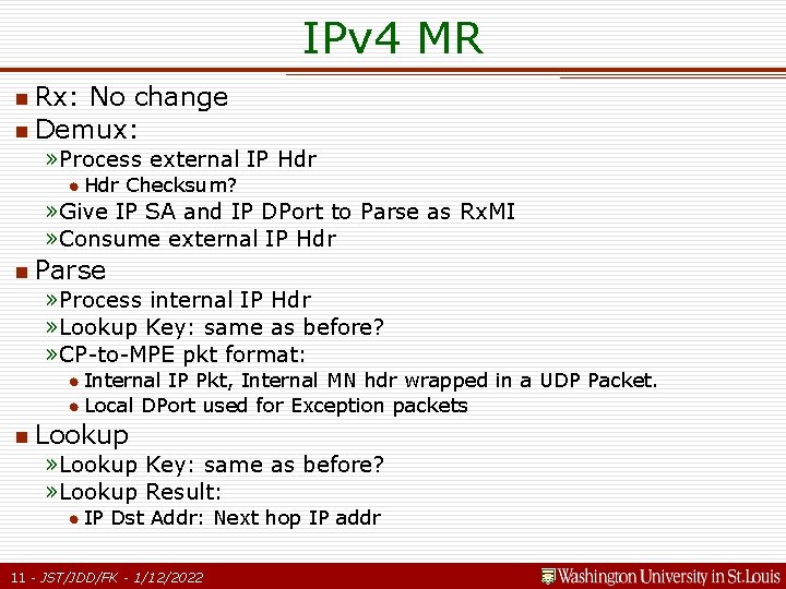 IPv 4 MR n Rx: No change n Demux: » Process external IP Hdr