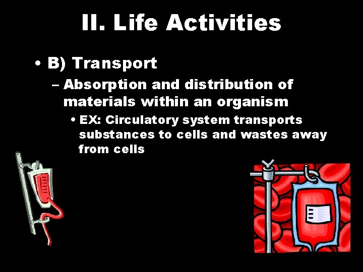 II. Life Activities • B) Transport – Absorption and distribution of materials within an