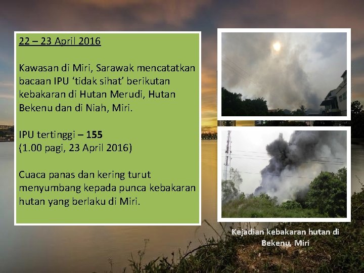 22 – 23 April 2016 Kawasan di Miri, Sarawak mencatatkan bacaan IPU ‘tidak sihat’