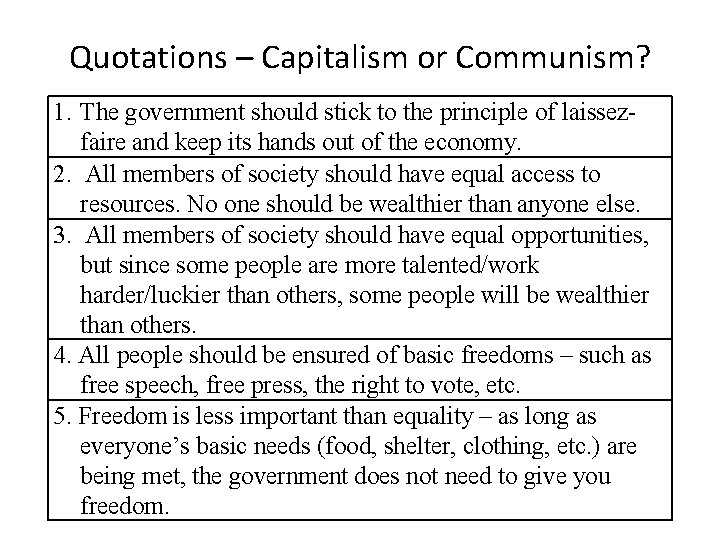Quotations – Capitalism or Communism? 1. The government should stick to the principle of
