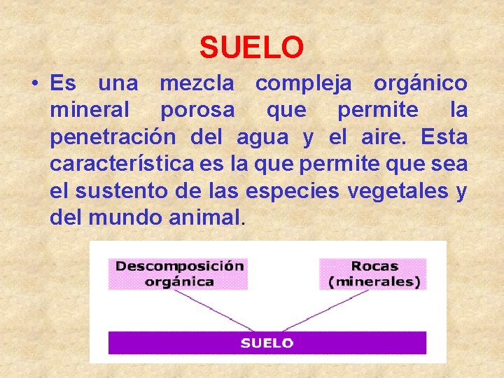 SUELO • Es una mezcla compleja orgánico mineral porosa que permite la penetración del