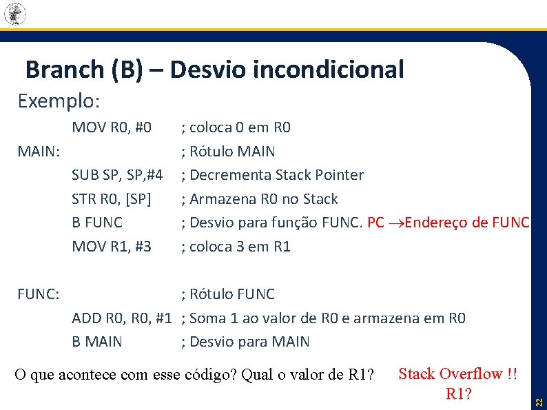 Branch (B) – Desvio incondicional Exemplo: MOV R 0, #0 MAIN: SUB SP, #4