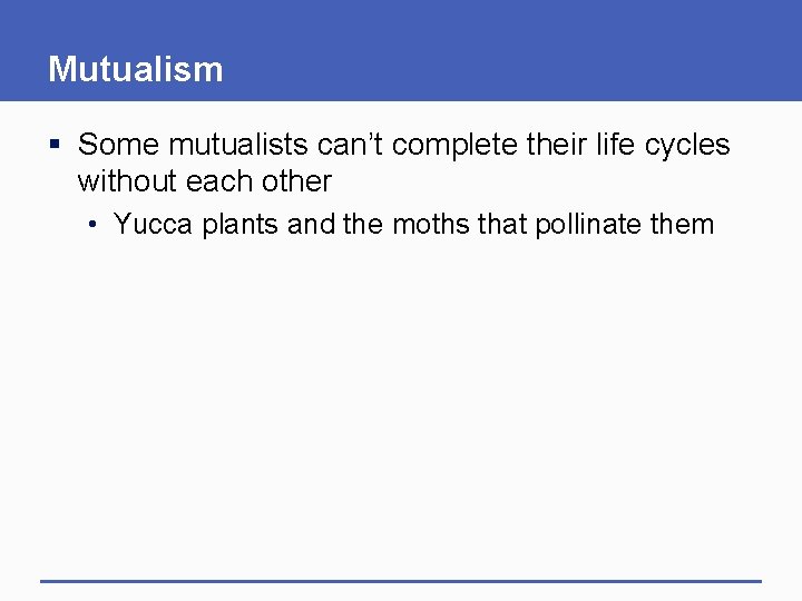 Mutualism § Some mutualists can’t complete their life cycles without each other • Yucca