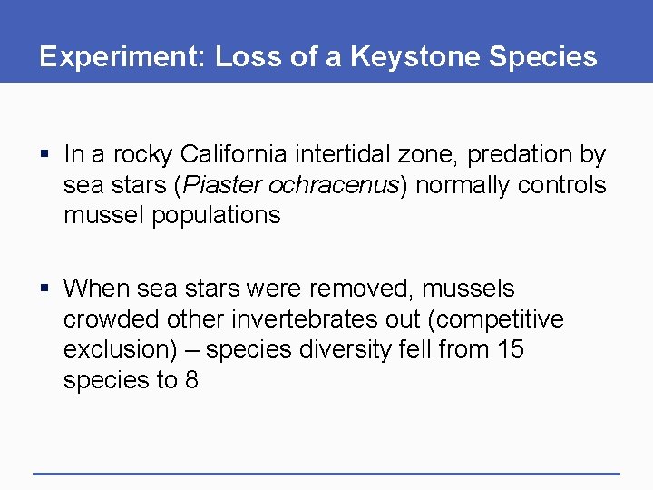 Experiment: Loss of a Keystone Species § In a rocky California intertidal zone, predation
