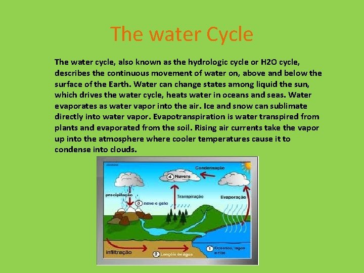 The water Cycle The water cycle, also known as the hydrologic cycle or H