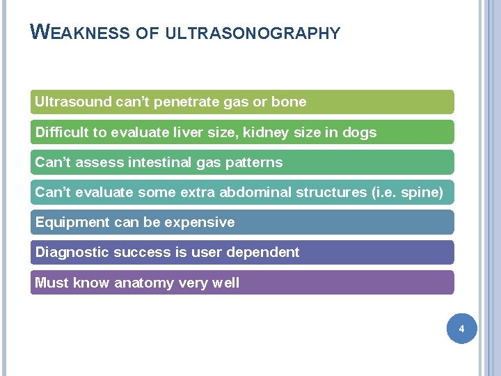 WEAKNESS OF ULTRASONOGRAPHY Ultrasound can’t penetrate gas or bone Difficult to evaluate liver size,