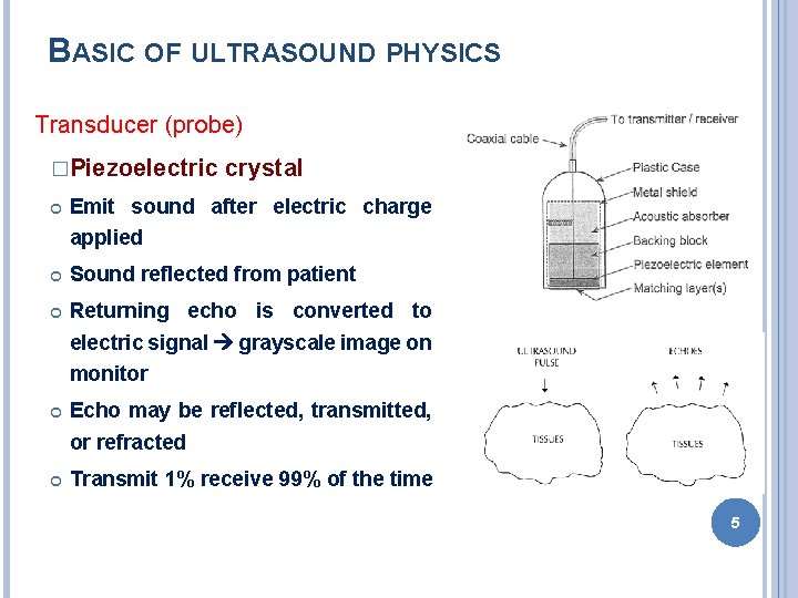BASIC OF ULTRASOUND PHYSICS Transducer (probe) �Piezoelectric crystal Emit sound after electric charge applied