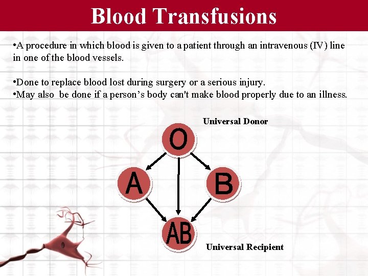 Blood Transfusions • A procedure in which blood is given to a patient through