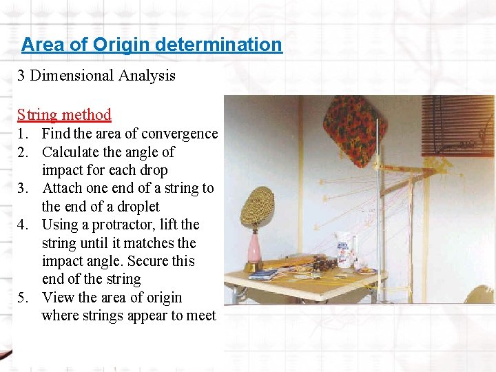 Area of Origin determination 3 Dimensional Analysis String method 1. Find the area of