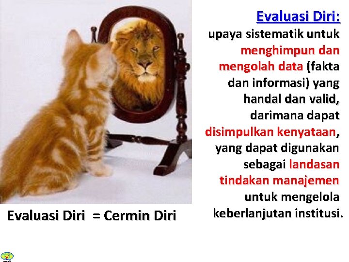 Evaluasi Diri: Evaluasi Diri = Cermin Diri upaya sistematik untuk menghimpun dan mengolah data