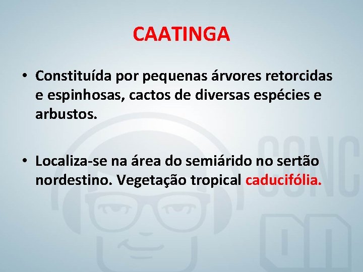 CAATINGA • Constituída por pequenas árvores retorcidas e espinhosas, cactos de diversas espécies e