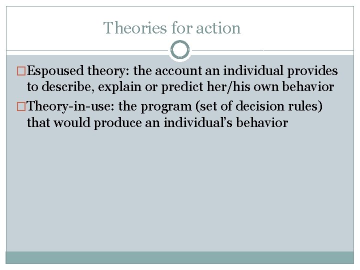 Theories for action �Espoused theory: the account an individual provides to describe, explain or