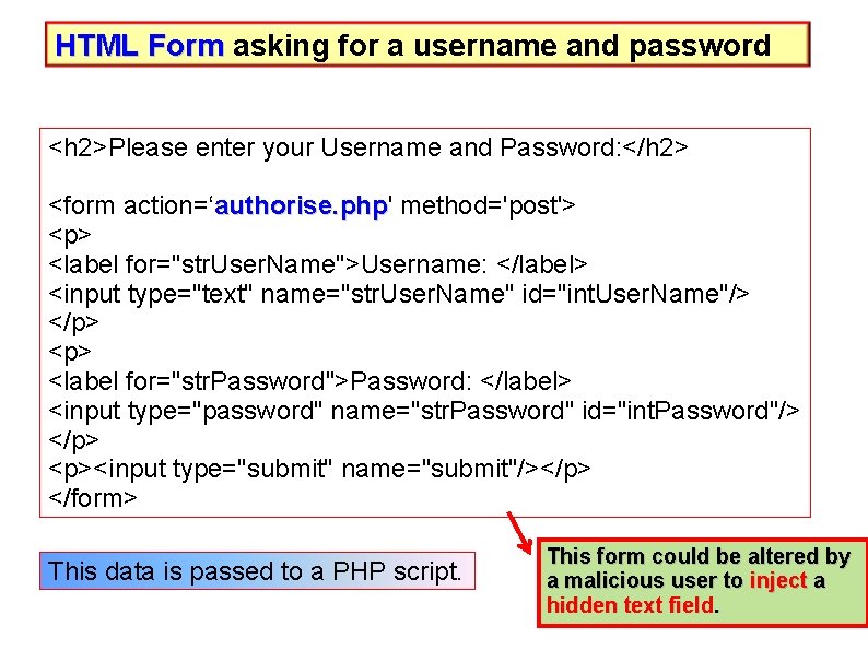 HTML Form asking for a username and password <h 2>Please enter your Username and