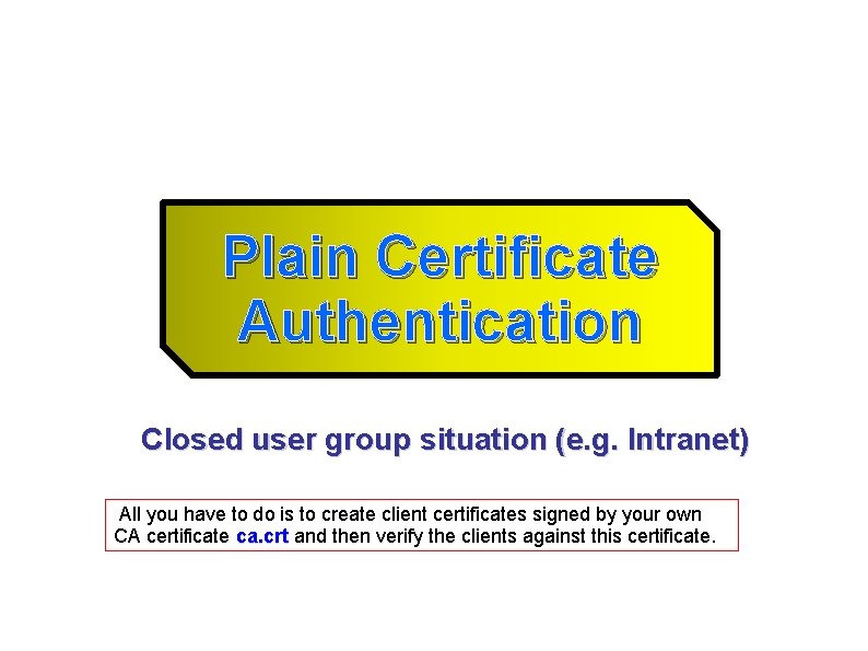 Plain Certificate Authentication Closed user group situation (e. g. Intranet) All you have to