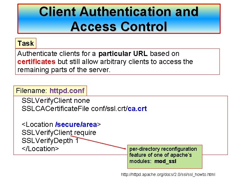 Client Authentication and Access Control Task Authenticate clients for a particular URL based on