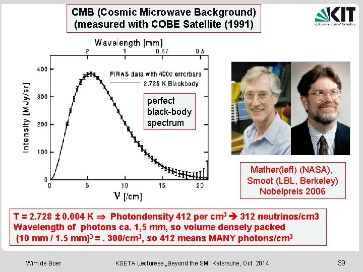 CMB (Cosmic Microwave Background) (measured with COBE Satellite (1991) perfect black-body spectrum Mather(left) (NASA),