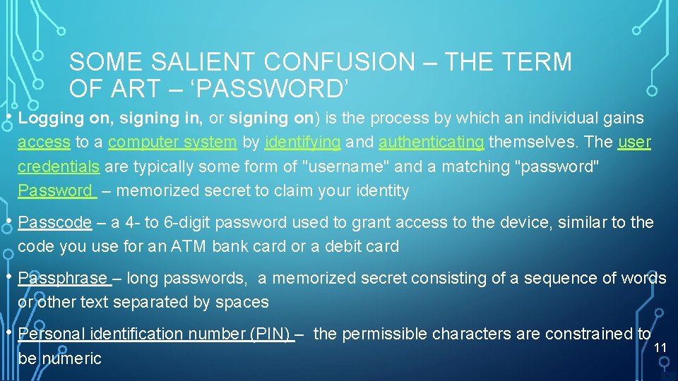 SOME SALIENT CONFUSION – THE TERM OF ART – ‘PASSWORD’ • Logging on, signing