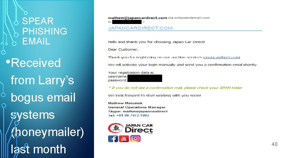 SPEAR PHISHING EMAIL • Received from Larry’s bogus email systems (honeymailer) last month 40