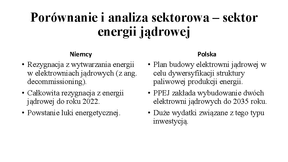 Porównanie i analiza sektorowa – sektor energii jądrowej Niemcy Polska • Rezygnacja z wytwarzania